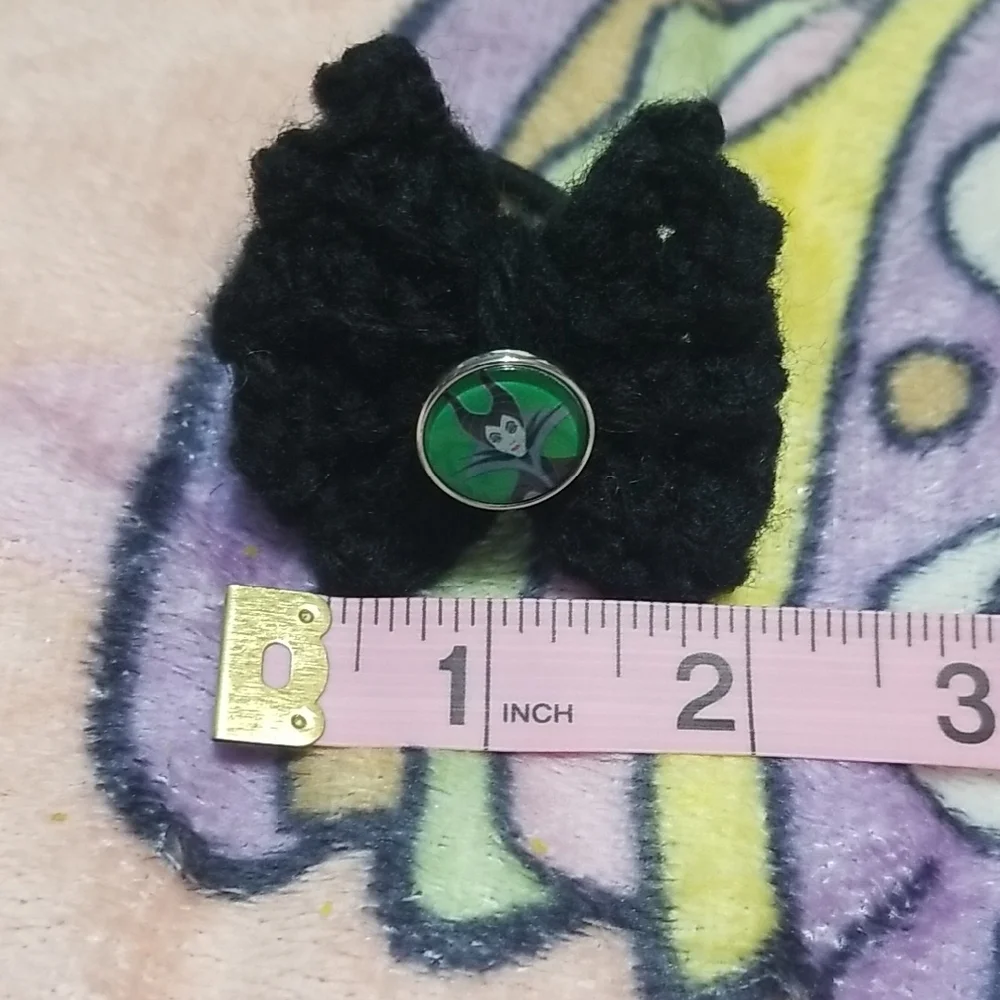 Handmade Black Crochet Bow with Villian Button